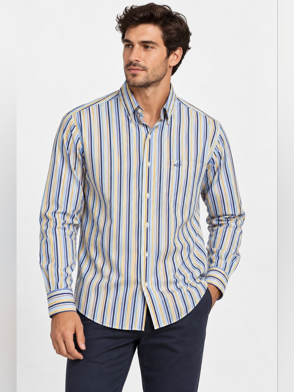 Paul & Shark $248 Blue and Yellow Vertical Stripe Dress Shirt